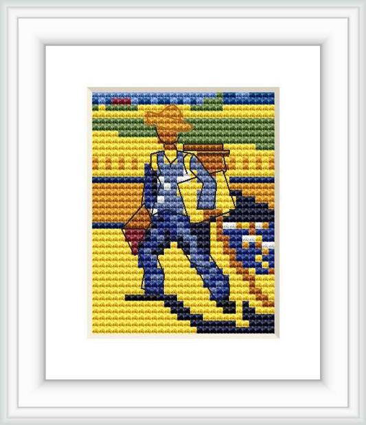 The image depicts a figure resembling Vincent Van Gogh as a pixelated character rendered in cross stitch, walking through an impressionistic landscape. The subject carries an easel and painting supplies, strolling against a backdrop of vibrant yellow and green fields.