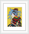 An embroidered representation of Vincent Van Gogh's 'Courtesan' portrait, framed and on a yellow background.