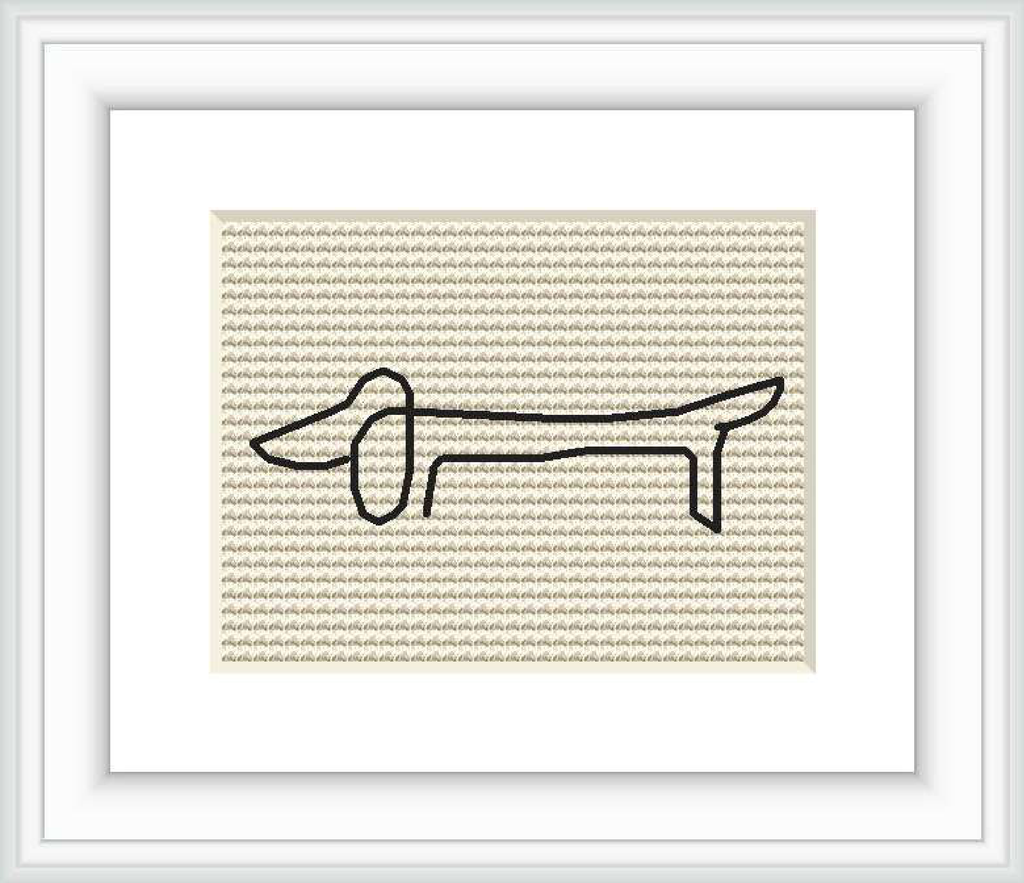 The image displays a framed cross stitch pattern portraying a simplistic line drawing of a dog that resembles the signature style of Picasso, centered on a beige aida cloth.