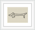 The image displays a framed cross stitch pattern portraying a simplistic line drawing of a dog that resembles the signature style of Picasso, centered on a beige aida cloth.