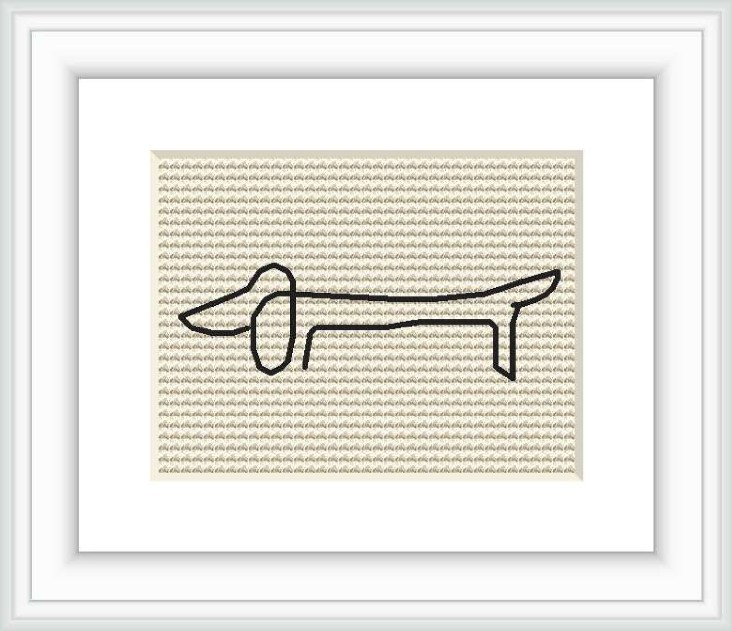 The image displays a framed cross stitch pattern portraying a simplistic line drawing of a dog that resembles the signature style of Picasso, centered on a beige aida cloth.