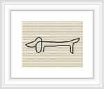 The image displays a framed cross stitch pattern portraying a simplistic line drawing of a dog that resembles the signature style of Picasso, centered on a beige aida cloth.