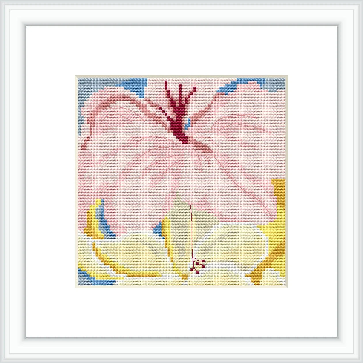 The image shows a framed cross stitch pattern depicting a pink hibiscus flower with elements of yellow and blue plumeria on a white background.