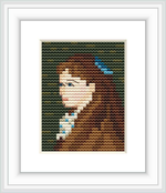 The image depicts a partial cross stitch portrait of a young girl, reminiscent of Mademoiselle Irene Cahen dAnvers by Renoir. The portrait is centered on the canvas, surrounded by a dark green background within a white frame.