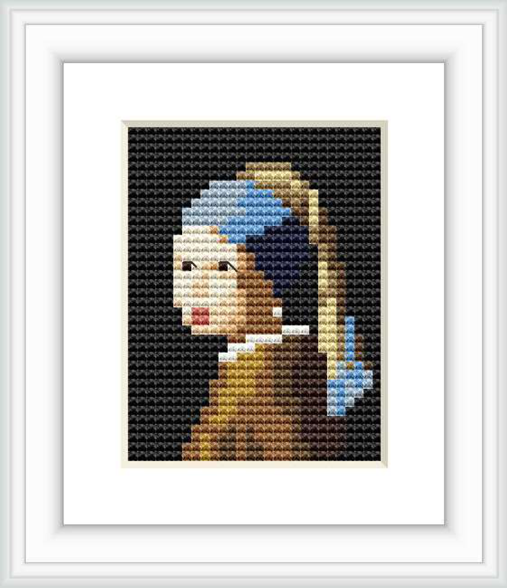 The image displays a cross stitch pattern framed in white, depicting a pixelated version of 'Girl with a Pearl Earring'. The pattern is predominantly in dark tones with a light face and the famous blue and yellow turban adding contrast.