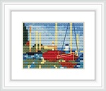 A cross stitch pattern depicting several boats, mainly one prominent red boat, at a harbor with a reflection on the water, surrounded by a serene blue sky.