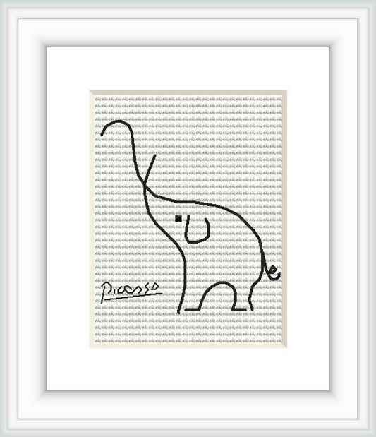 This image displays a cross stitch pattern featuring a single line drawing of an elephant, attributed to Pablo Picasso, against a white background, encased within a square frame.