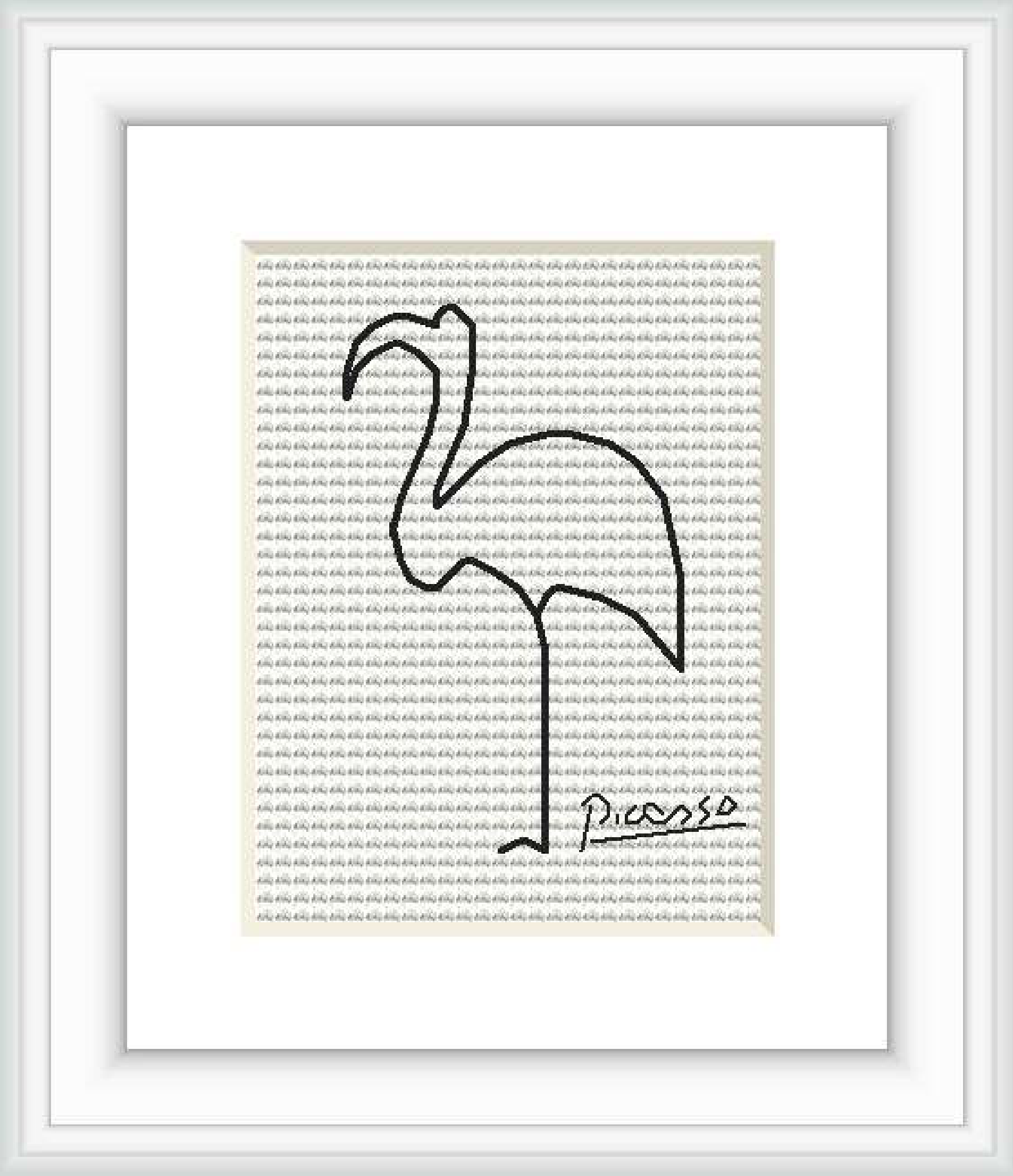 The image features a framed cross stitch pattern of a simple, abstract flamingo outline with the signature 'Picasso' at the bottom, against a patterned background within a white frame.