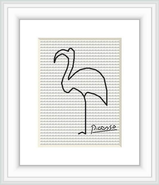 The image features a framed cross stitch pattern of a simple, abstract flamingo outline with the signature 'Picasso' at the bottom, against a patterned background within a white frame.