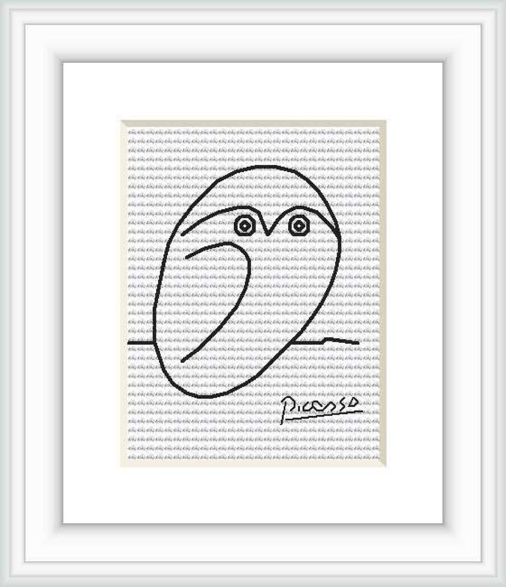 The image shows a framed cross stitch pattern depicting a minimalist outline of an owl, attributed to the style of Pablo Picasso. It features a simple contour drawing of the owl with a signature at the bottom right.