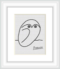 The image shows a framed cross stitch pattern depicting a minimalist outline of an owl, attributed to the style of Pablo Picasso. It features a simple contour drawing of the owl with a signature at the bottom right.