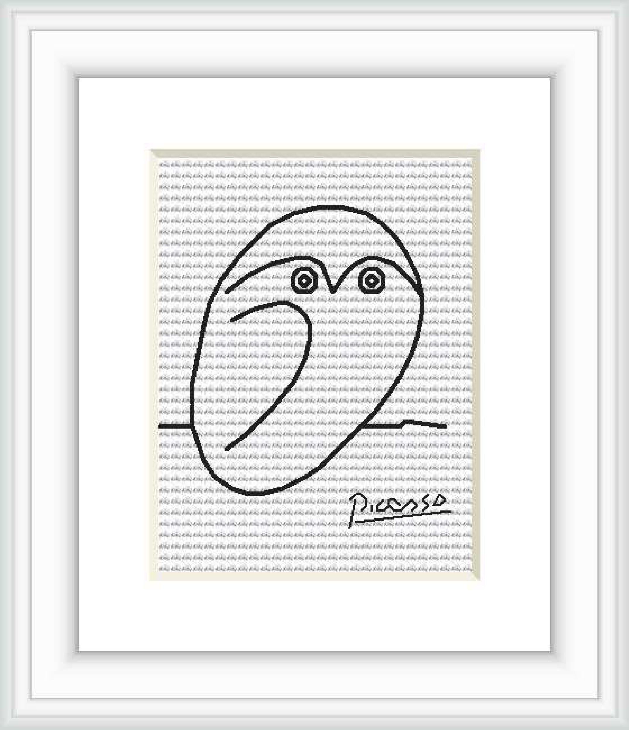 The image shows a framed cross stitch pattern depicting a minimalist outline of an owl, attributed to the style of Pablo Picasso. It features a simple contour drawing of the owl with a signature at the bottom right.