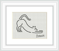The image depicts a framed cross stitch design of a minimalistic cat based on Picasso's style. The stitched cat is positioned centrally on a white fabric background with text 'Picasso' stitched at the bottom right.