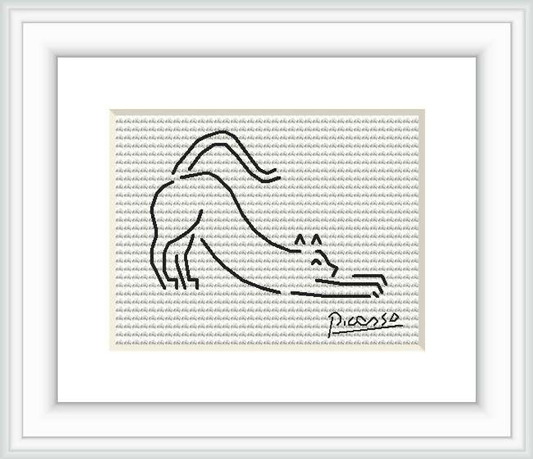 The image depicts a framed cross stitch design of a minimalistic cat based on Picasso's style. The stitched cat is positioned centrally on a white fabric background with text 'Picasso' stitched at the bottom right.