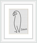 The image showcases a framed cross stitch pattern depicting a simplistic outline of a parrot. The pattern utilizes a monochrome color scheme with dense regular stitches making up the background and a single bold line defining the parrot, which rests in the center of the composition. The artist's signature, 'Picasso', is visible at the bottom right.