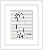 The image showcases a framed cross stitch pattern depicting a simplistic outline of a parrot. The pattern utilizes a monochrome color scheme with dense regular stitches making up the background and a single bold line defining the parrot, which rests in the center of the composition. The artist's signature, 'Picasso', is visible at the bottom right.