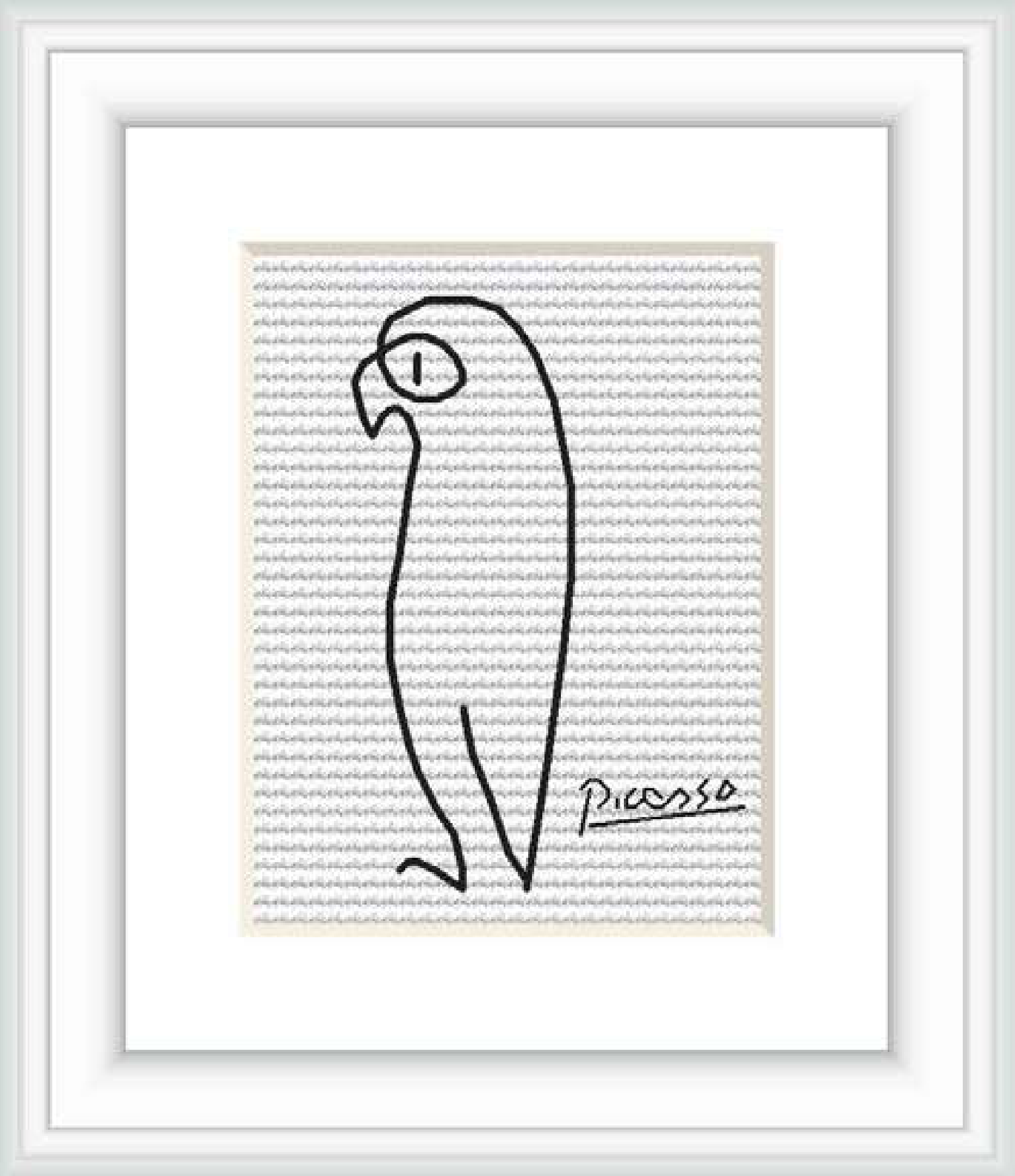 The image showcases a framed cross stitch pattern depicting a simplistic outline of a parrot. The pattern utilizes a monochrome color scheme with dense regular stitches making up the background and a single bold line defining the parrot, which rests in the center of the composition. The artist's signature, 'Picasso', is visible at the bottom right.
