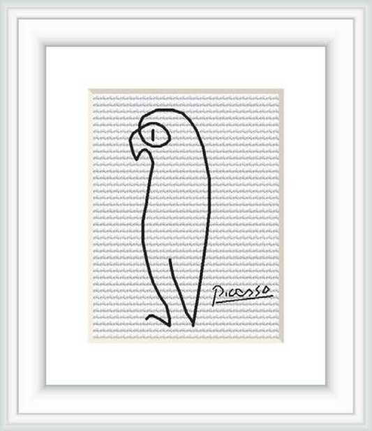 The image showcases a framed cross stitch pattern depicting a simplistic outline of a parrot. The pattern utilizes a monochrome color scheme with dense regular stitches making up the background and a single bold line defining the parrot, which rests in the center of the composition. The artist's signature, 'Picasso', is visible at the bottom right.