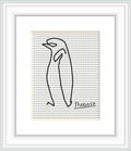 The image displays a framed cross stitch pattern depicting an abstract penguin figure with a signature resembling that of Pablo Picasso. The stitch work is black on a white aida cloth, surrounded by a white mat and a simple frame.