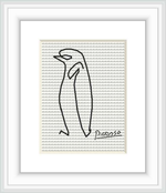 The image displays a framed cross stitch pattern depicting an abstract penguin figure with a signature resembling that of Pablo Picasso. The stitch work is black on a white aida cloth, surrounded by a white mat and a simple frame.