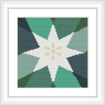 The image displays a cross stitch pattern of a central star with a secondary, smaller starburst in the middle, set against a gradient of teal to dark green background contained within a bordered frame.