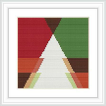 The image displays an abstract representation of a Christmas tree using geometric shapes, primarily triangles, in a color block style with a white center and diagonal sections of red, green, tan, and brown.