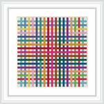 The image features a framed cross stitch pattern displaying a colorful, geometric design with a symmetrical layout of shapes in a grid-like pattern.