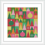 The image depicts a square cross stitch pattern with alternating rows of Christmas trees and ornaments. The trees and baubles are multicolored, and the background features a pixelated, checkerboard-like pattern. All are framed within a blank white border.