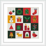 The image displays a framed cross stitch pattern with a 4x4 grid, each containing a different Christmas-themed design, such as a snowman, Christmas trees, gifts, and ornaments.