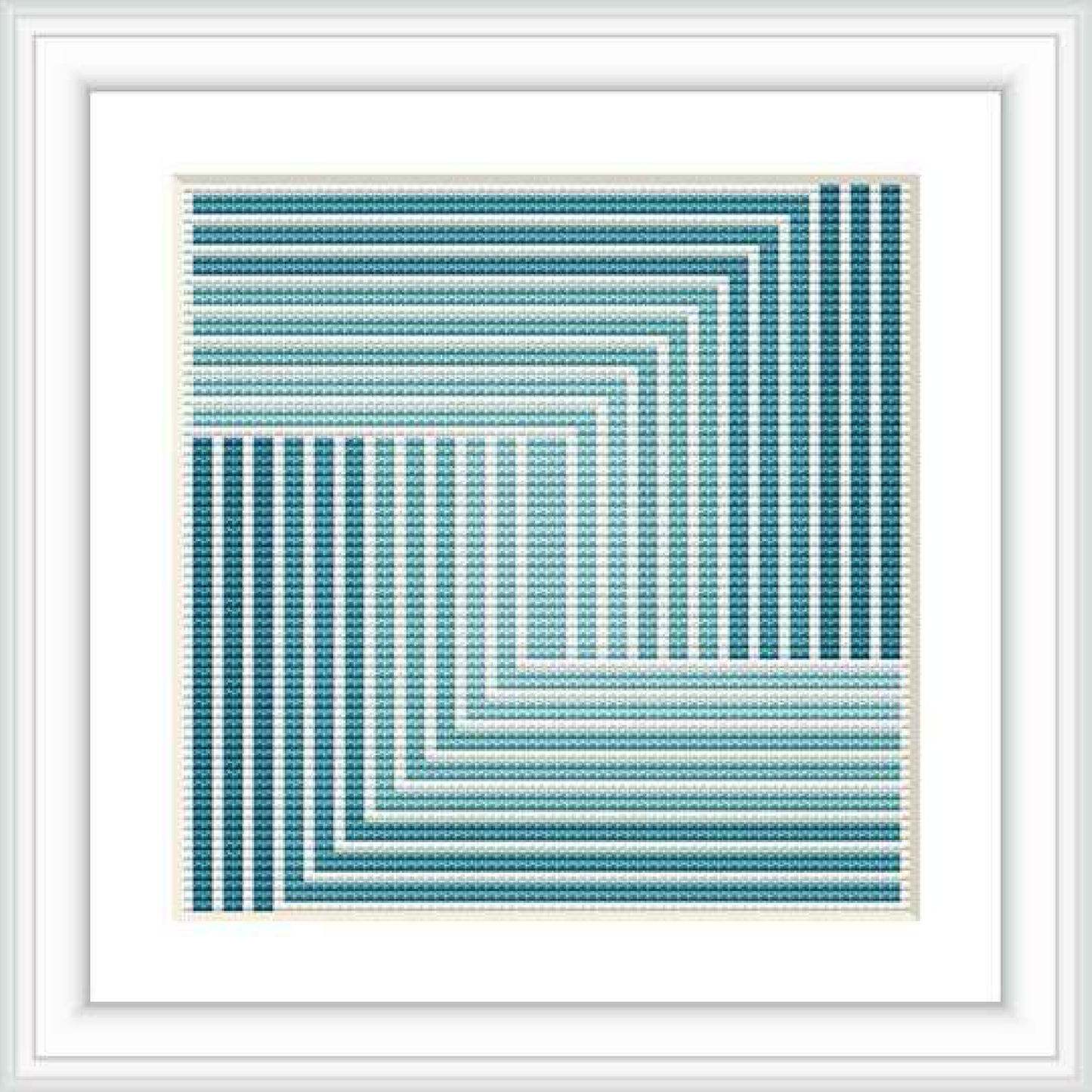 The image displays a square cross stitch pattern with a repeating geometric design consisting of concentric stripes of varying shades of blue and white. The pattern is framed with a white border within a square frame.