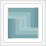 The image displays a square cross stitch pattern with a repeating geometric design consisting of concentric stripes of varying shades of blue and white. The pattern is framed with a white border within a square frame.