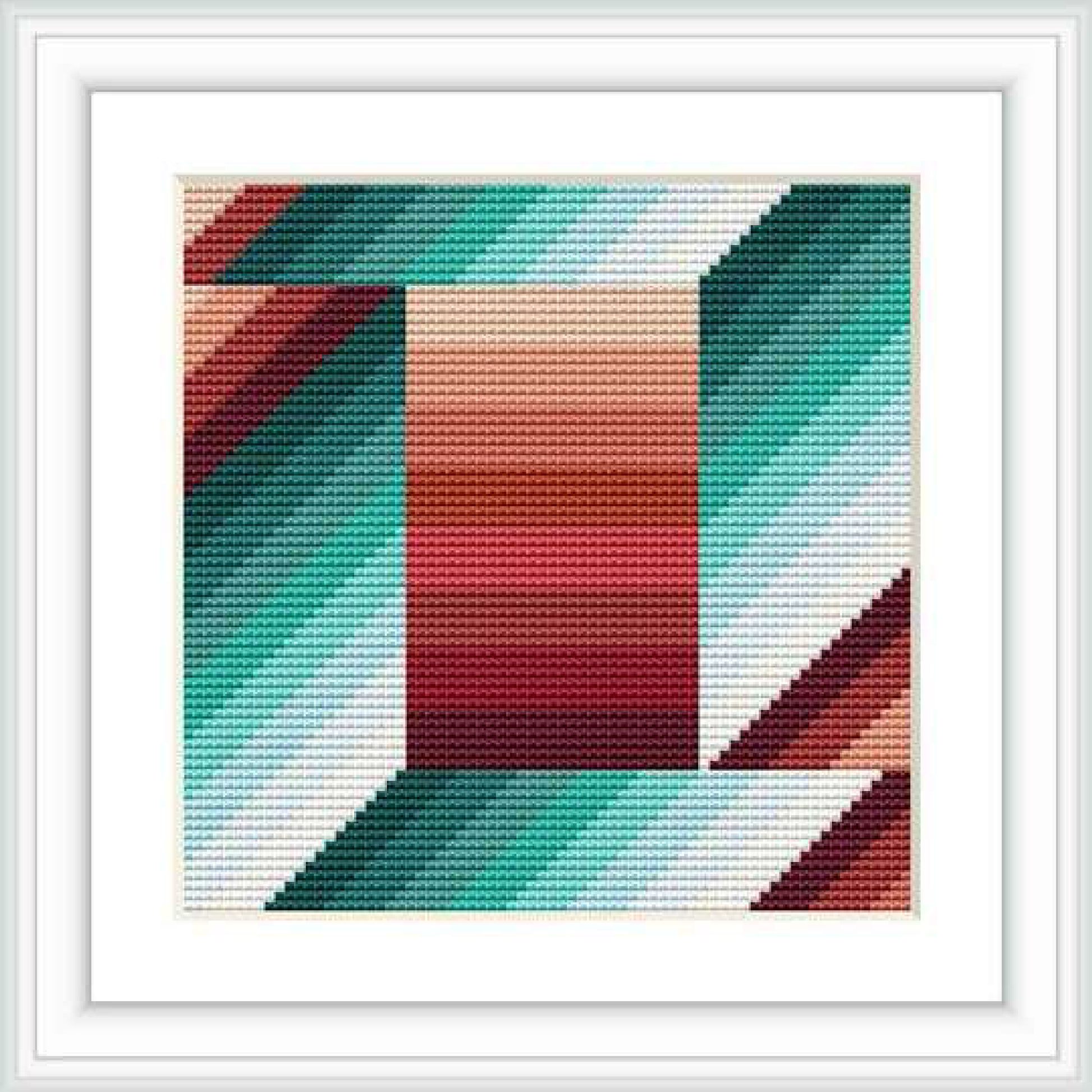 This cross stitch pattern features a framed piece of abstract geometric artwork with multiple shaded areas forming a cohesive design