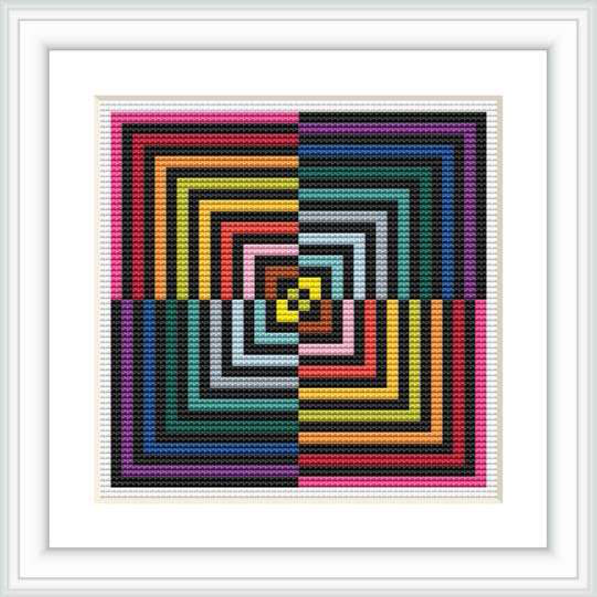 The image shows a framed square cross stitch pattern with a multicolored geometric design, displayed against a white background.