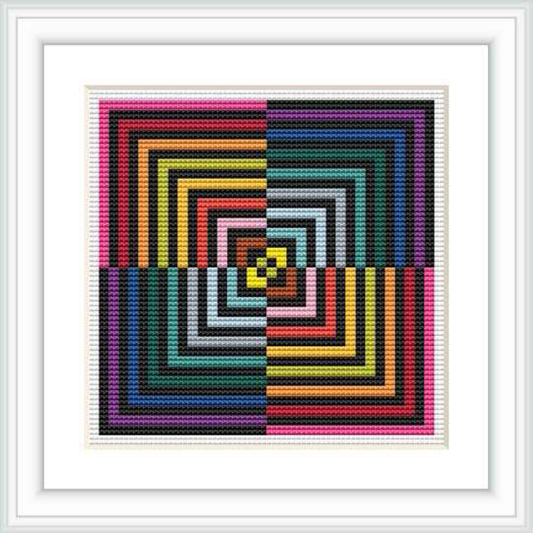 The image shows a framed square cross stitch pattern with a multicolored geometric design, displayed against a white background.