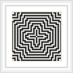 The image shows a cross stitch pattern of geometric design in a square frame, using a monochrome color scheme of black and white.