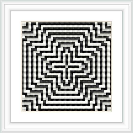 The image shows a cross stitch pattern of geometric design in a square frame, using a monochrome color scheme of black and white.