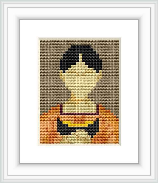 The image displays a framed cross stitch pattern portraying the bust of a female figure looking downwards, presumably at a book, indicative of an indoor reading scene.