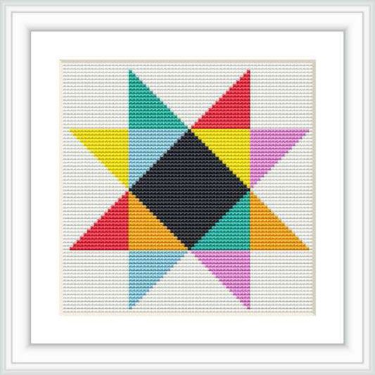 A framed square cross stitch pattern featuring a bold geometric design with a black center and colorful triangles pointing inwards from the edges.