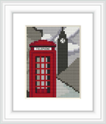 The image features a cross stitch design of an iconic British red telephone booth with a dark grey silhouette of Big Ben in the background, all framed within a light grey border.