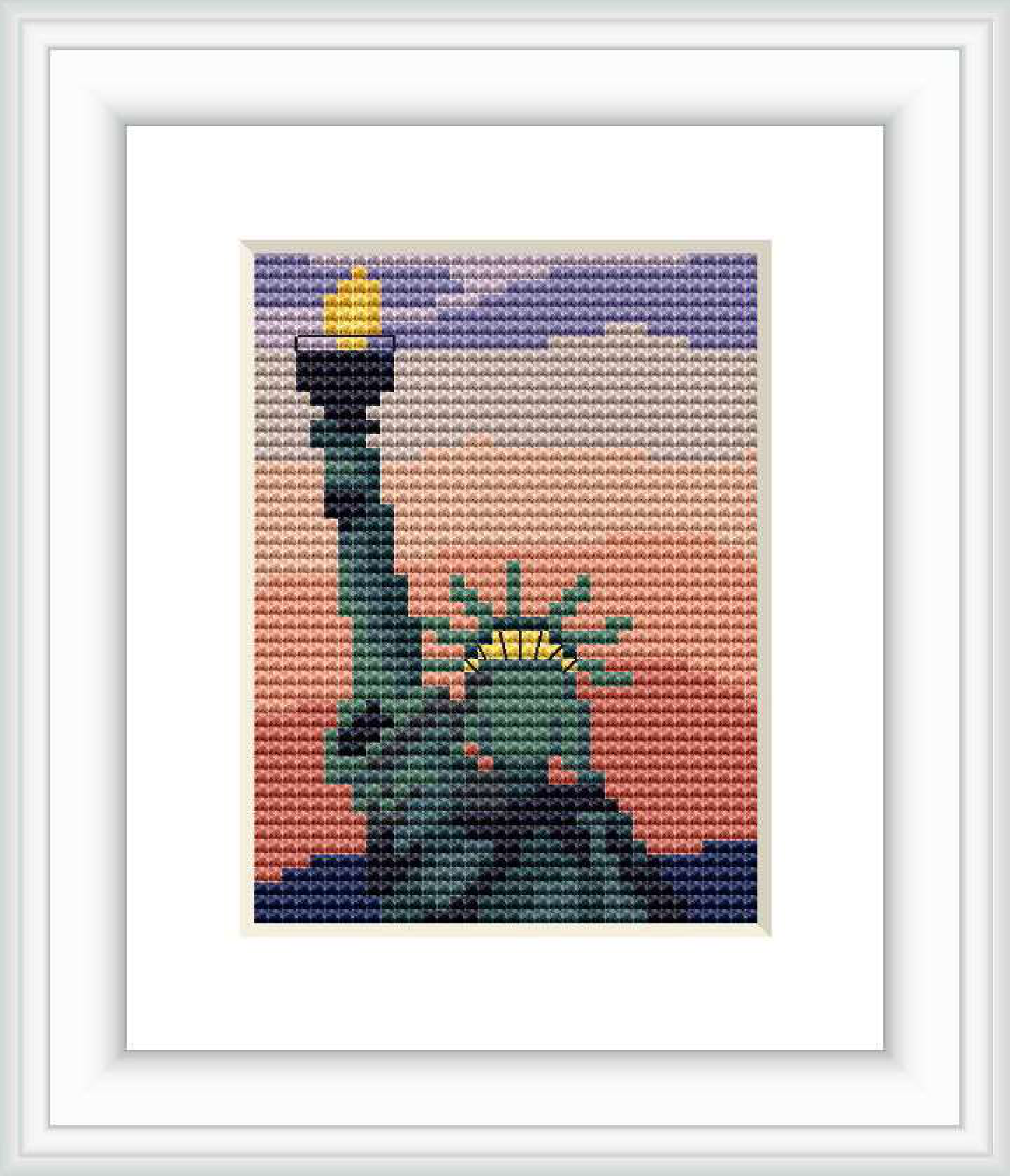 The image features a minimalist interpretation of the Statue of Liberty set against a gradient evening sky. The color transitions create a background simulating a sunset with shades of purple, orange, and gray.