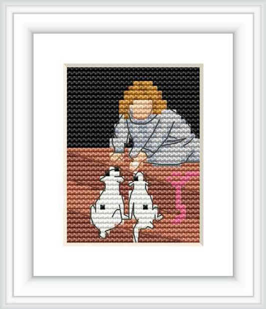 A cross stitch depiction of a seated girl focused on two ceramic jugs, set against a dark background likely representing the interior of a house. The stitches implement a balanced variety of colors to create a lifelike scene.