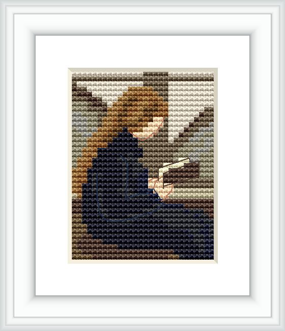 The image displays a cross stitch pattern of a little girl in a dark dress, absorbed in reading a book. She is depicted seated with her hair down, against a backdrop featuring muted colors.