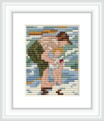 The image depicts a cross stitch pattern of a mother bending over to attend to her child on a beach, with the ocean and waves depicted in the background.