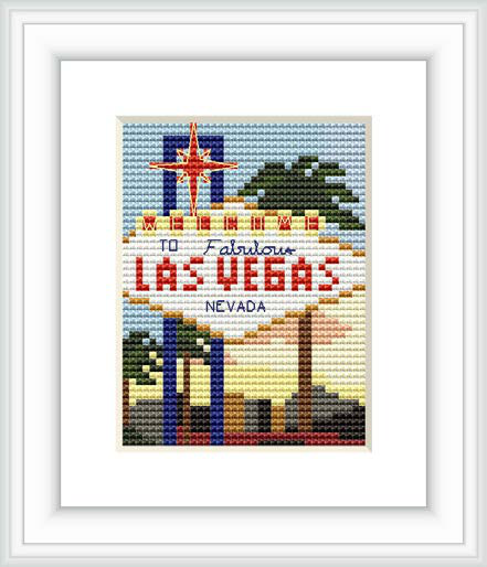 The pattern depicts the famous 'Welcome to Fabulous Las Vegas' sign with a blue sky background and silhouettes of palm trees to the right.