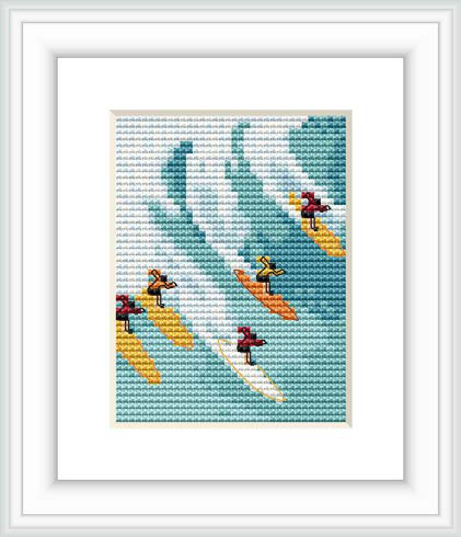 This cross stitch pattern depicts four surfers on colorful surfboards riding large blue and white waves. The background is a representation of the ocean's surface.