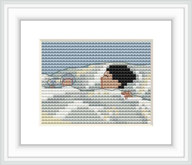 The image depicts a cross stitch pattern that embodies a moment of mother and child intimacy. It's placed within a frame and showcases the soothing color palette and detailed stitching that captures the essence of the scene.