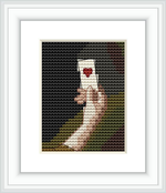 The image depicts a cross stitch pattern framed within a white border. It shows an elegantly draped hand holding a piece of paper with a red wax seal on it, set against a dark background.