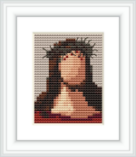 The image displays a framed cross stitch pattern of a portion of Francisco Hayez's 'Ecce Homo' painting, showing a figure's silhouette with a crown of thorns, predominantly in maroon, black, beige, gray, and white hues.