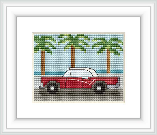 The design features a red vintage car parked on a gray surface. Behind the car are teal and light blue stripes representing the sea, topped with a section of green that resembles palm trees and a light blue sky with white streaks for clouds.