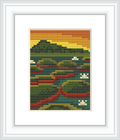 The image depicts a cross stitch pattern framed in white, showcasing a stylized mountain landscape with varying shades of greens, browns, yellows, and hints of red.